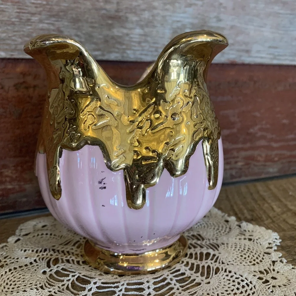 Hollywood Regency Vase MCM Dripping 22K Gold Pink Made in USA stamped  READ - Picture 10 of 12